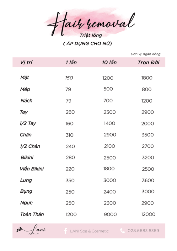 Bảng giá triệt lông nữ Lani Spa