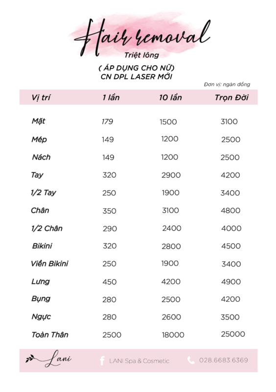 bảng giá triệt lông vĩnh viễn công nghệ mới lani spa