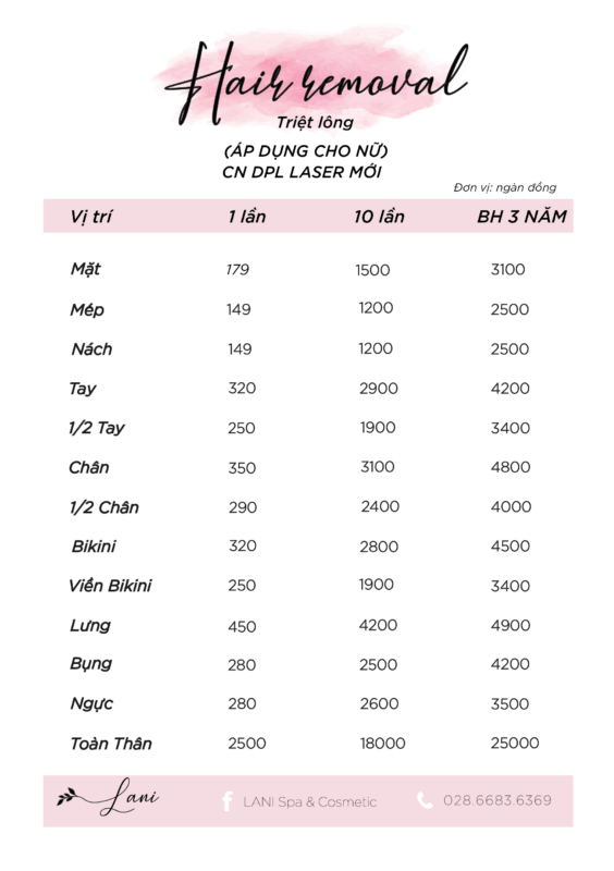 Bảng giá triệt lông nữ công nghệ mới dpl 